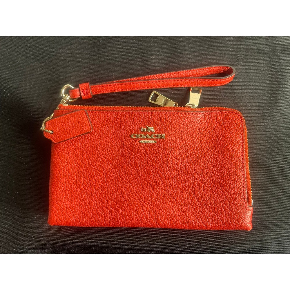 Coach Double Zip Wristlet Red Pebbled Leather Gold Hardware 6648‎